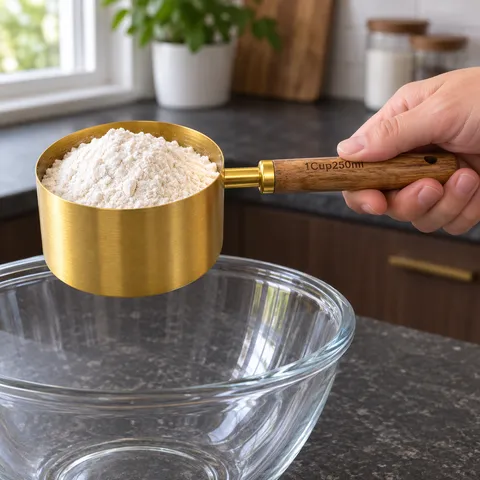 The largest measuring cup holding flour over a bowl; other set pieces are out of frame