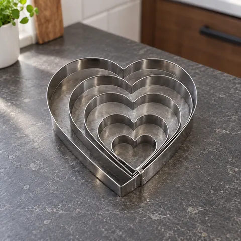 Five nested silver heart-shaped cutters