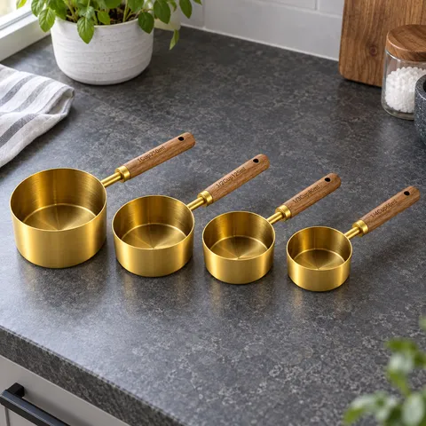 Higher view of the four measuring cups and their marked capacities