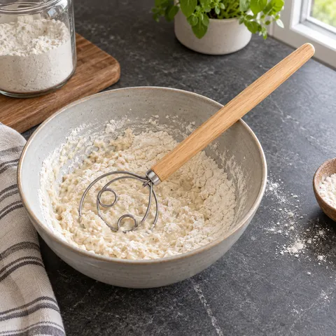 The same whisk resting in a bowl of wet flour mixture