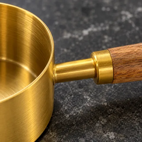 Close view of the gold-tone cup and wooden handle joint
