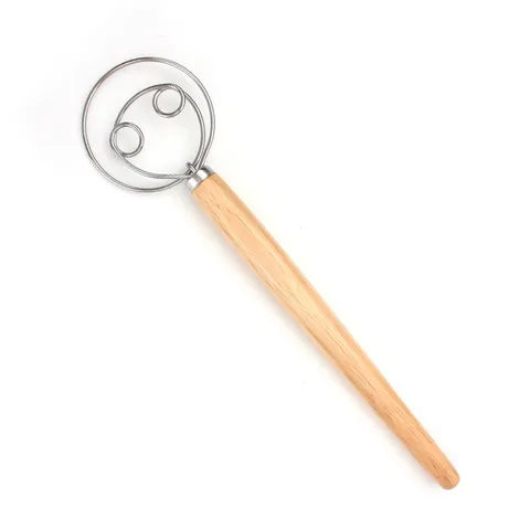 33cm oak-handled dough whisk with its double-loop wire head