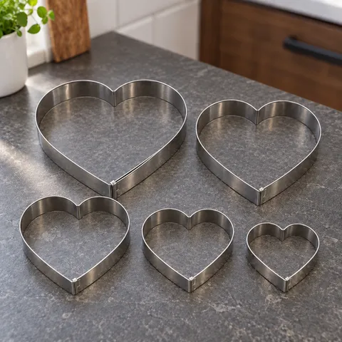 The five heart-shaped cutters separated by size