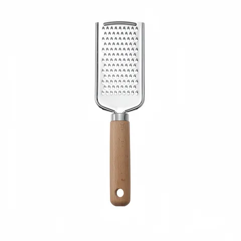 Complete flat steel grater with a wooden handle and one hanging hole