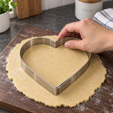 The largest heart cutter pressing into dough; the other four cutters are not shown