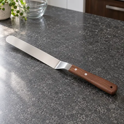 Single offset icing spatula with a brown wooden handle and rounded steel blade