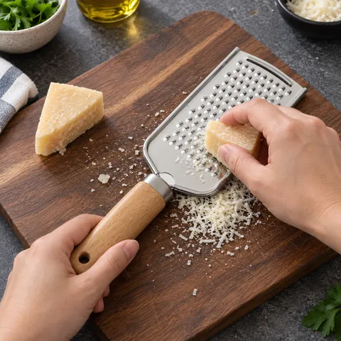 The exact grater held on a board while grating a small piece of cheese