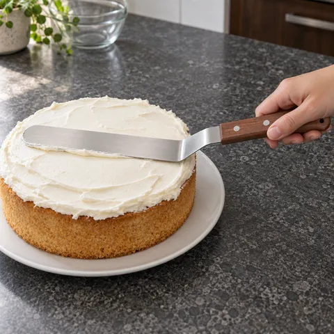 The offset spatula spreading icing on a cake; cake and styling props are not included
